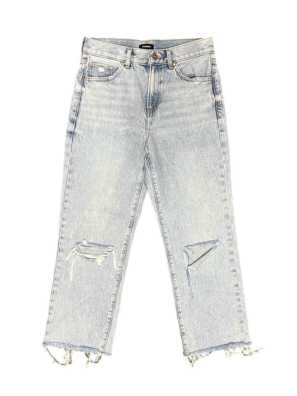 Express High Rise Straight Ankle Light Wash Ripped Jeans Raw Hem Size 2 W29 L24